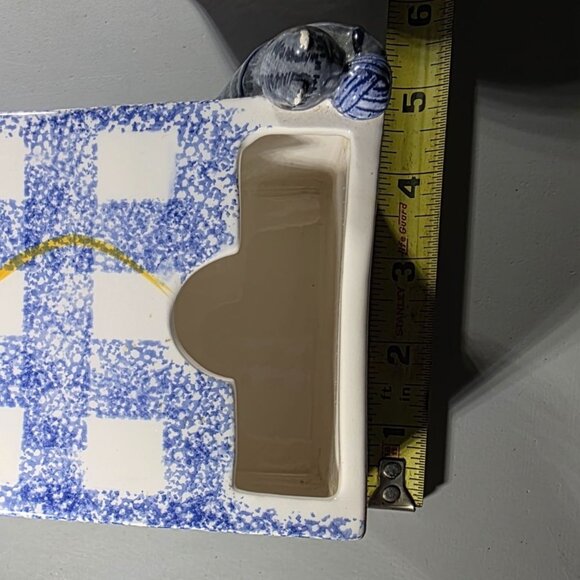 Ceramic Cat Tea bag Jar & Lid Blue Checkered Yellow Orange sugar packet holder - Picture 15 of 16